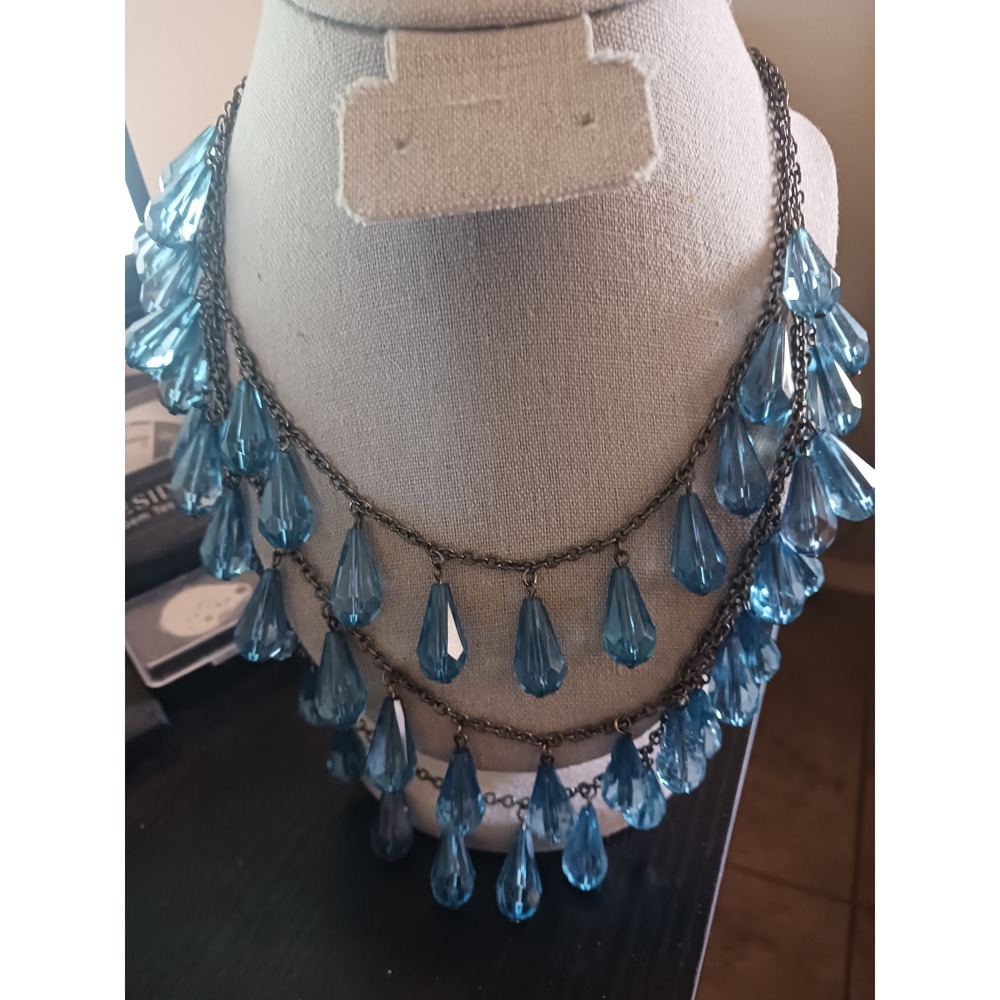 Blue Teardrop Crystal Multi Strand Statement Necklace Gunmetal Tone Bib